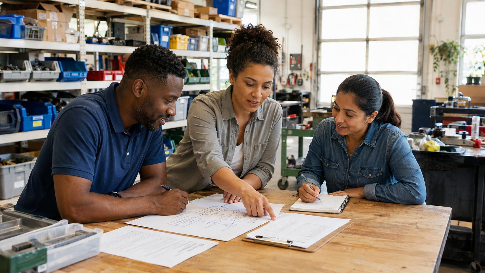 Three team members reviewing a workflow and training materials together in a working shop.