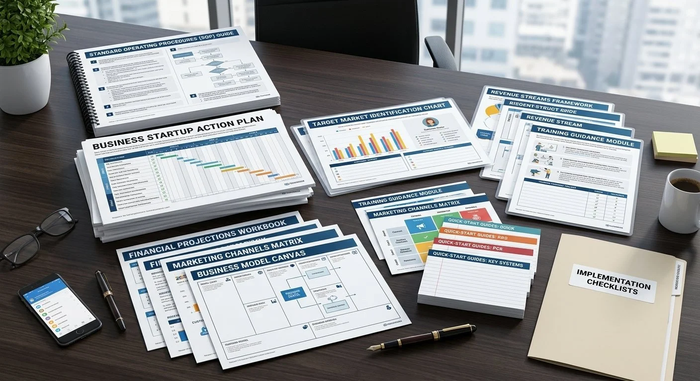 Business startup planning documents and charts on a desk, with a laptop, cups of coffee, glasses, and writing instruments.