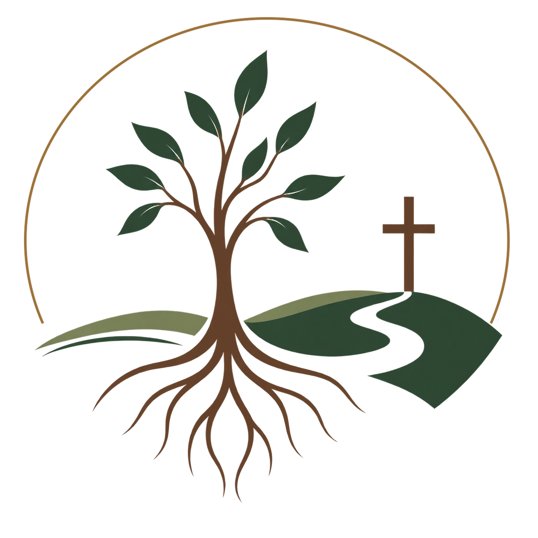 Rooted & Faithful emblem: a rooted tree beside a path leading to the cross