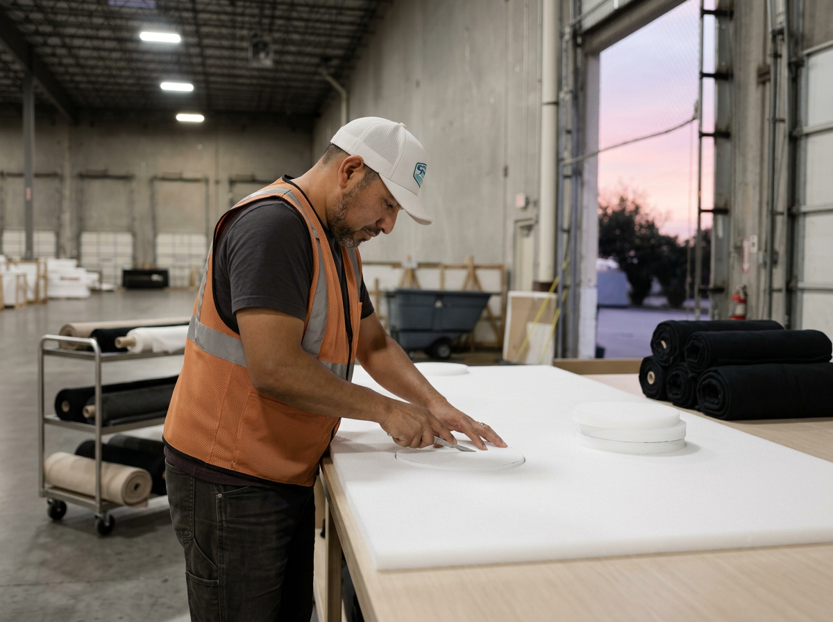A worker in a warehouse or manufacturing facility is cutting white foam sheets on a large table. The worker wears a white cap, a black t-shirt, and an orange safety vest. Rolls of black foam are stacked on the table, and there is a cart with more foam rolls in the background. The warehouse is spacious with high ceilings and has industrial doors.
