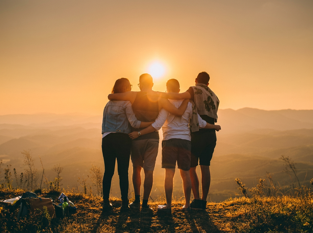 A group of five friends standing close together outdoors during sunset, with their arms around each other, overlooking mountains and valleys.