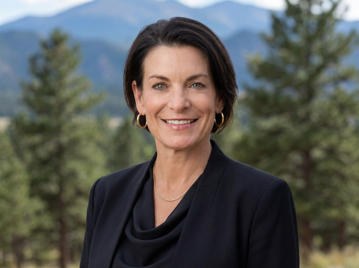 Pilar Dostal, founder and owner of Humanity Flourishing Integral Coaching and Leadership Team Facilitation, wearing a black blazer and gold jewelry, standing outdoors with trees and mountains in the background, smiling at the camera.