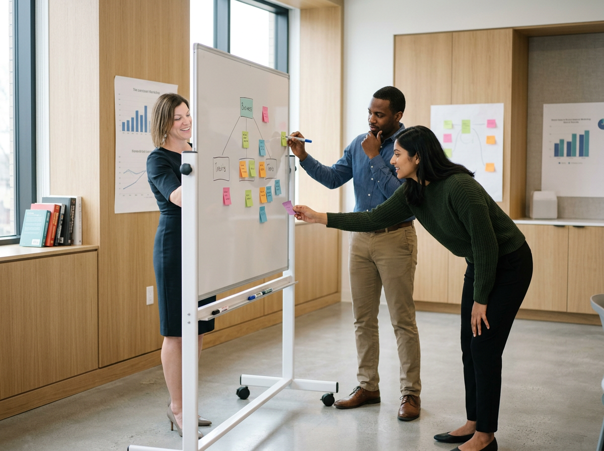 Three business professionals collaborating around a whiteboard with colorful sticky notes in a modern office.