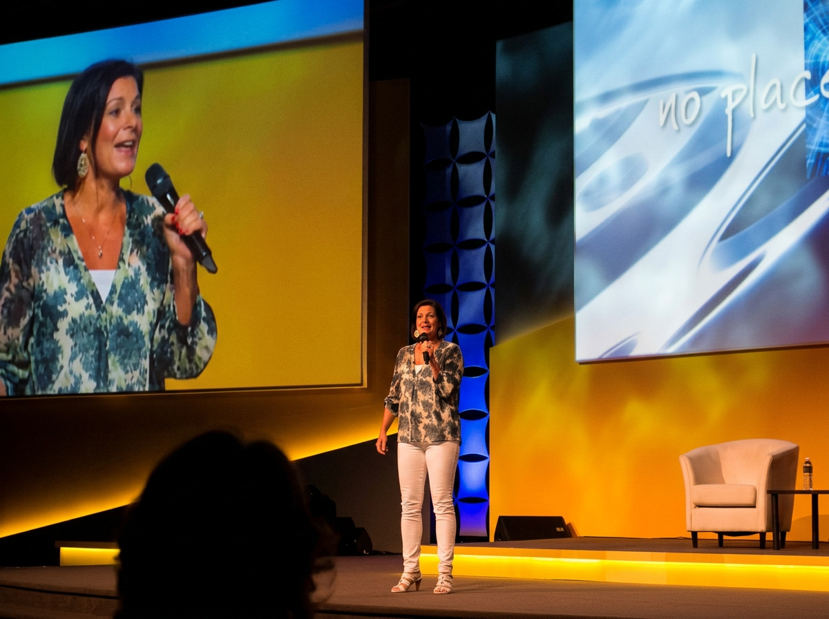 Pilar Dostal, founder and owner of Humanity Flourishing, speaking to a large audience in an auditorium.
