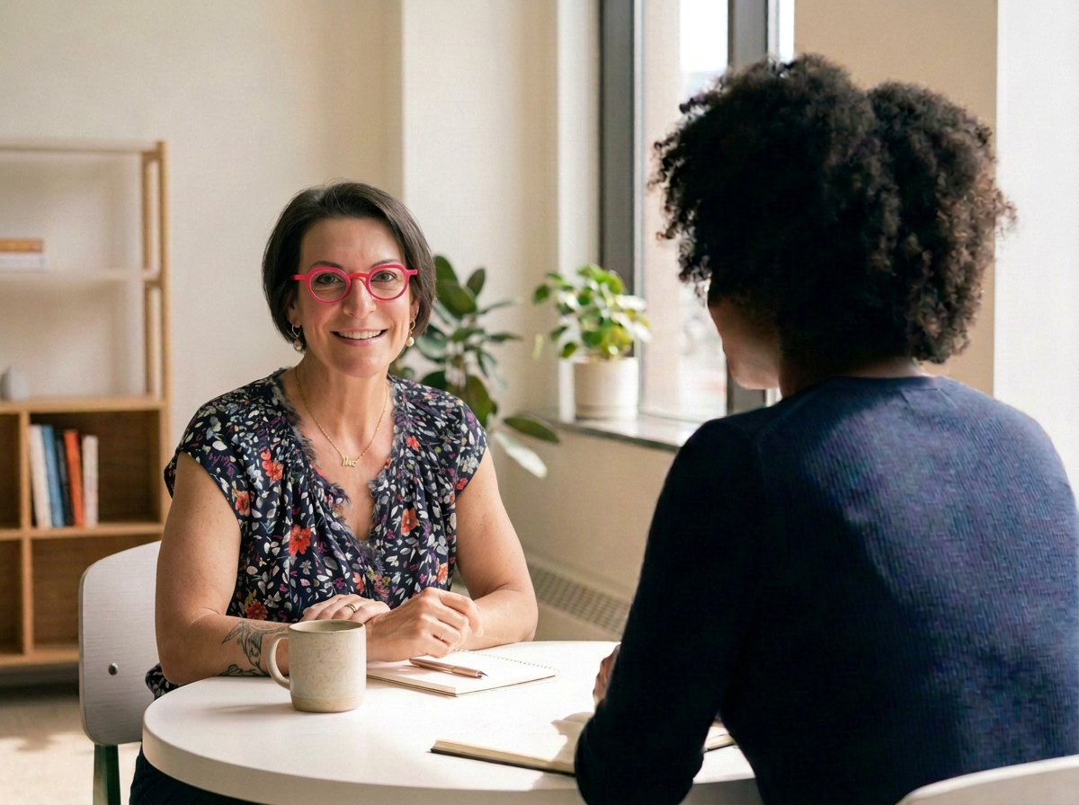 Pilar Dostal, founder and owner of Humanity Flourishing, engaged in an integral coaching conversation with a client.