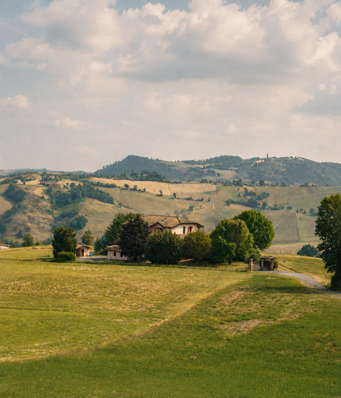 A rural landscape with green fields, trees, houses, and rolling hills under a partly cloudy sky.