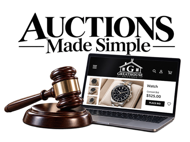 Gavel and laptop showing online auction website with watches, under the text 'Auctions Made Simple'