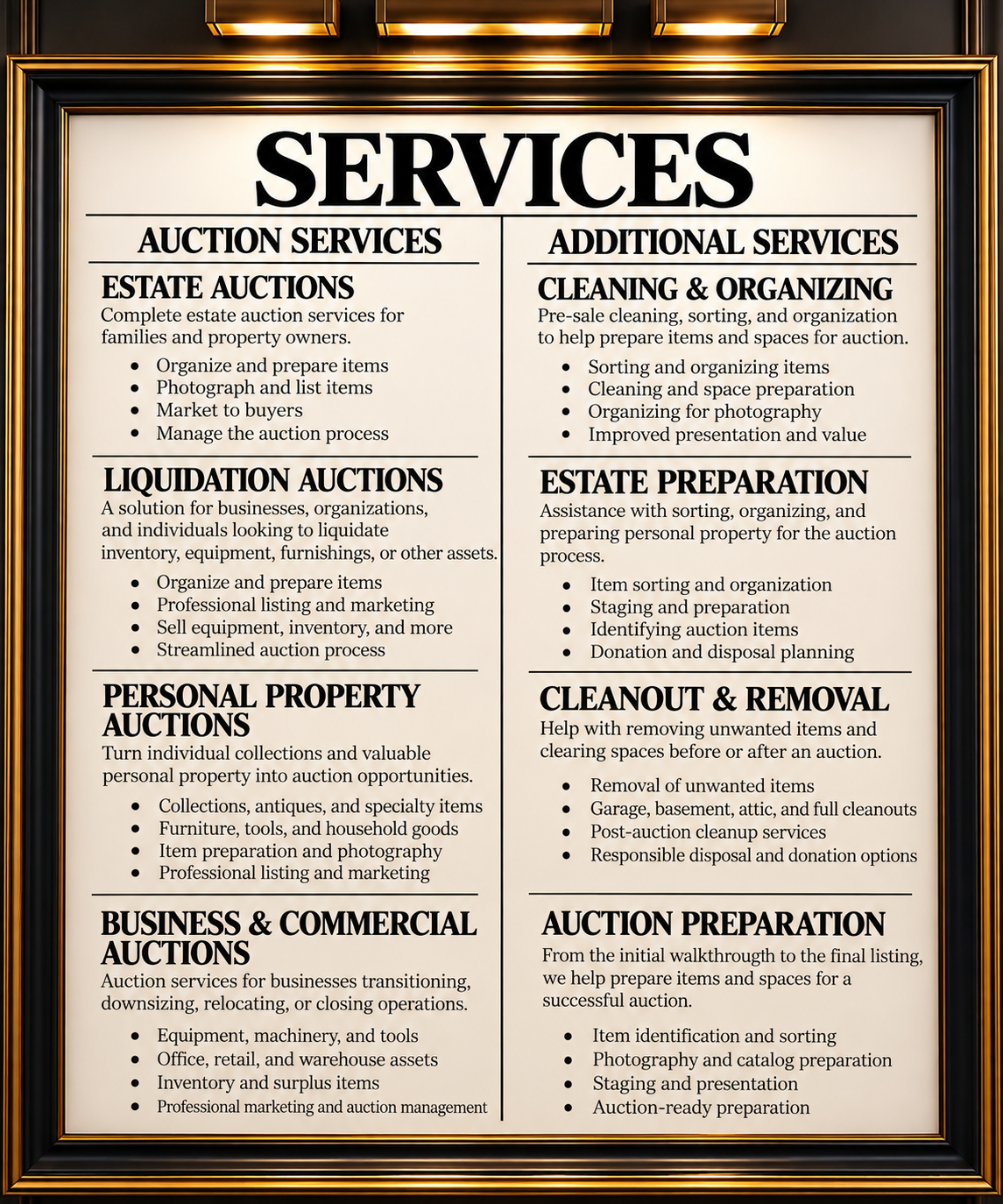 Signboard listing various auction and related services, including estate auctions, liquidation auctions, personal property auctions, business auctions, additional services like cleaning, estate preparation, cleanout, removal, and auction preparation.