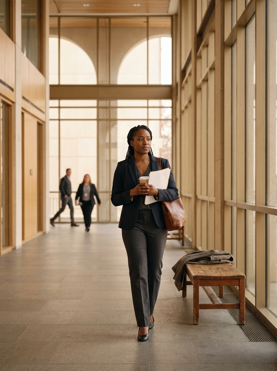 A professional woman walking down a bright corridor with large windows, holding a coffee cup and some folders, with two other people in the background.
