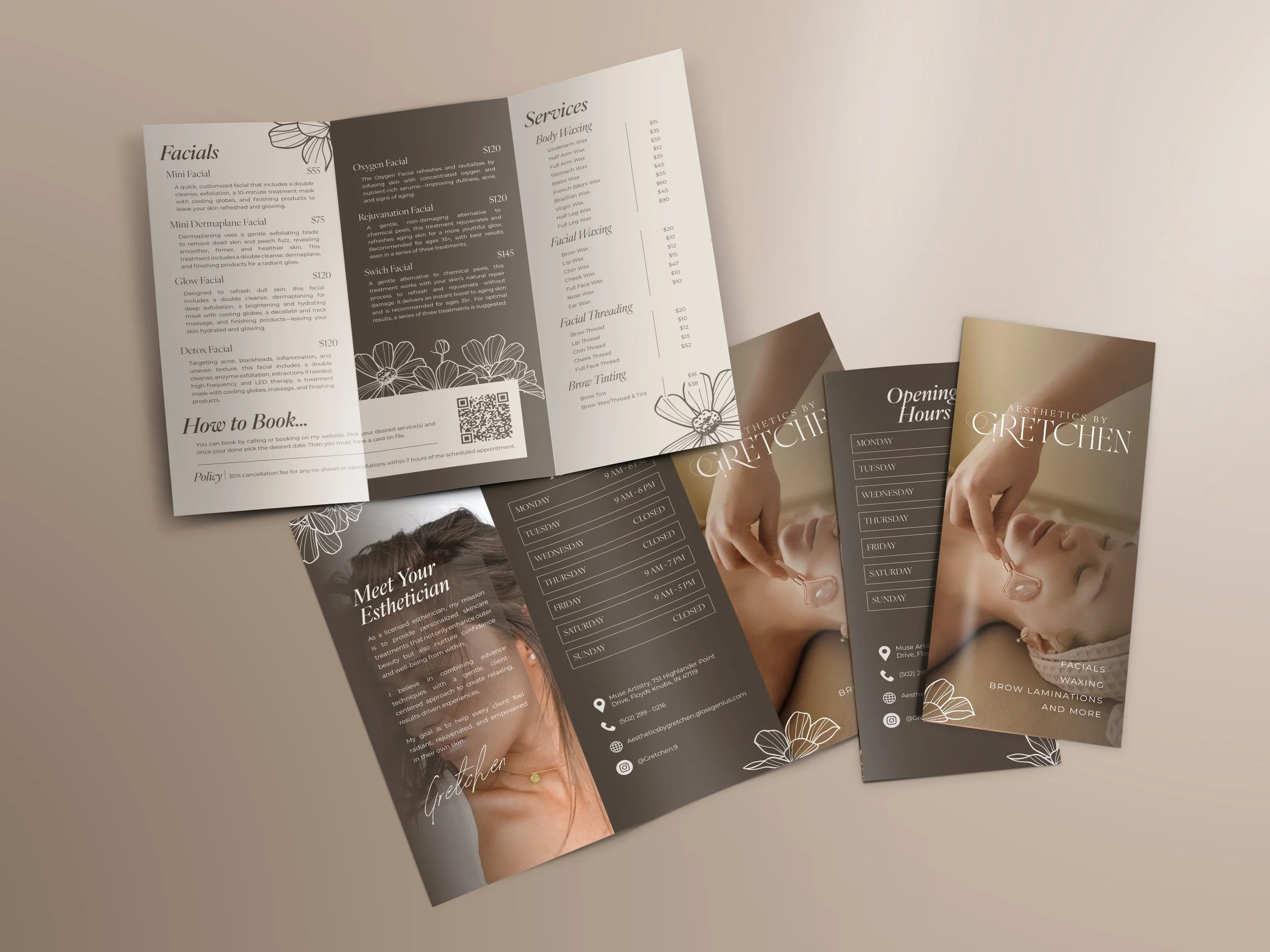 Brochure for Aesthetics by Gretchen. Gretchen is an esthetician located in Floyds Knobs IN