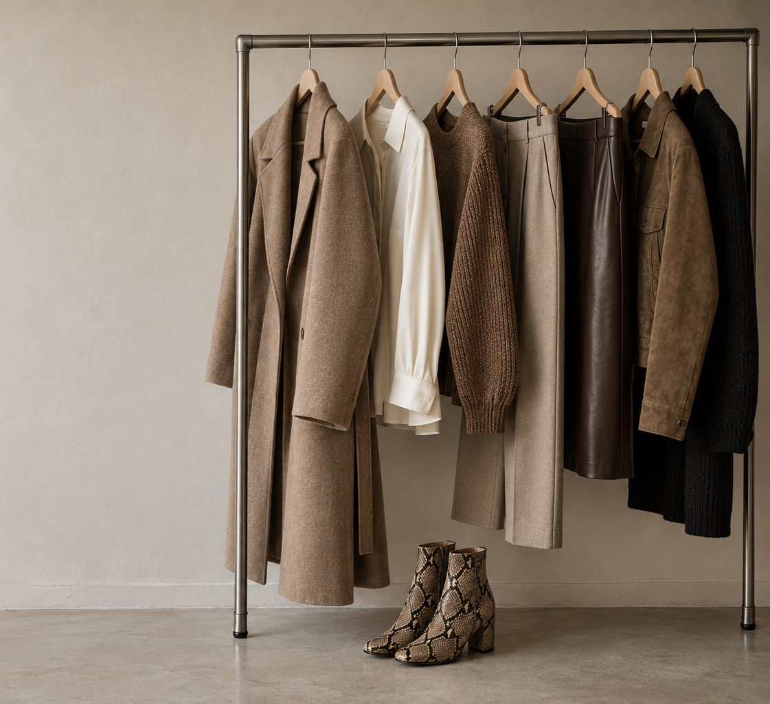A rail of neutral coats, knitwear and trousers styled as a capsule wardrobe, with ankle boots beneath