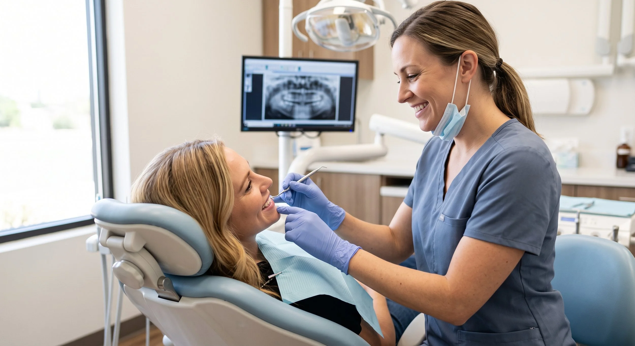 Dentist smiling while examining a female patient's teeth in a dental clinic. The patient is sitting in a dental chair with an x-ray image displayed on a monitor behind them.