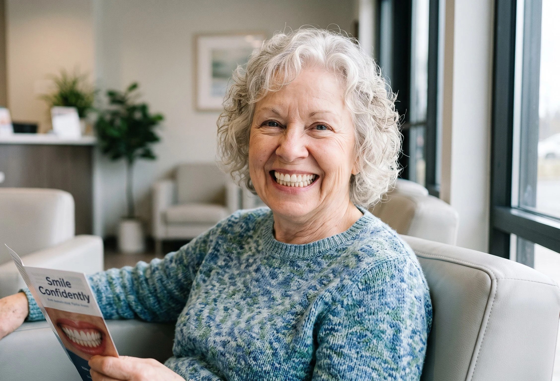 An elderly woman with curly gray hair smiling, sitting on a white chair by large windows, holding a pamphlet titled "Smile Confidence"