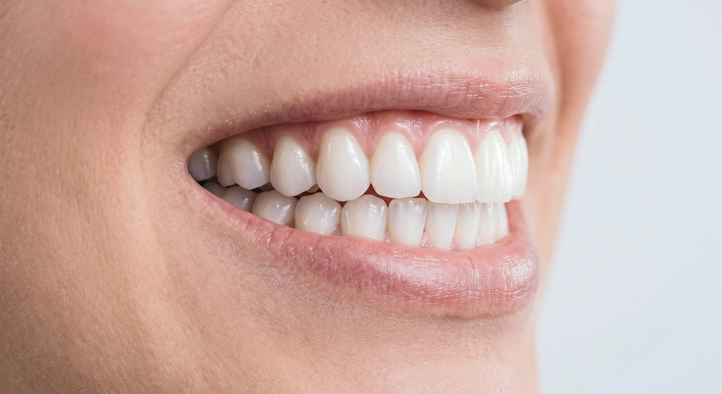Close-up of a person's smiling mouth showing white teeth.