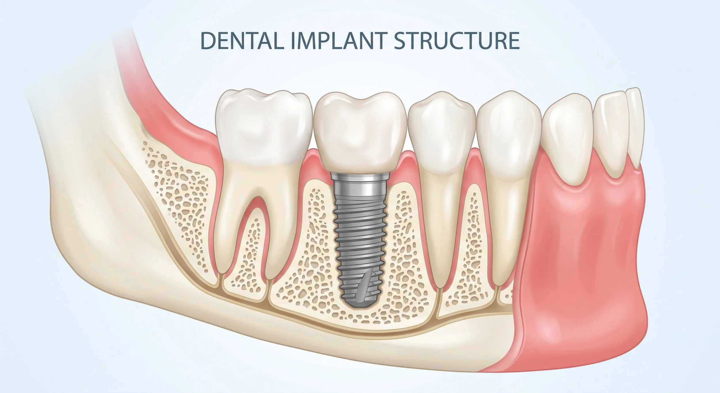Cross-section of a human jaw showing dental implant with a screw, artificial tooth, and surrounding bone and gum tissue.