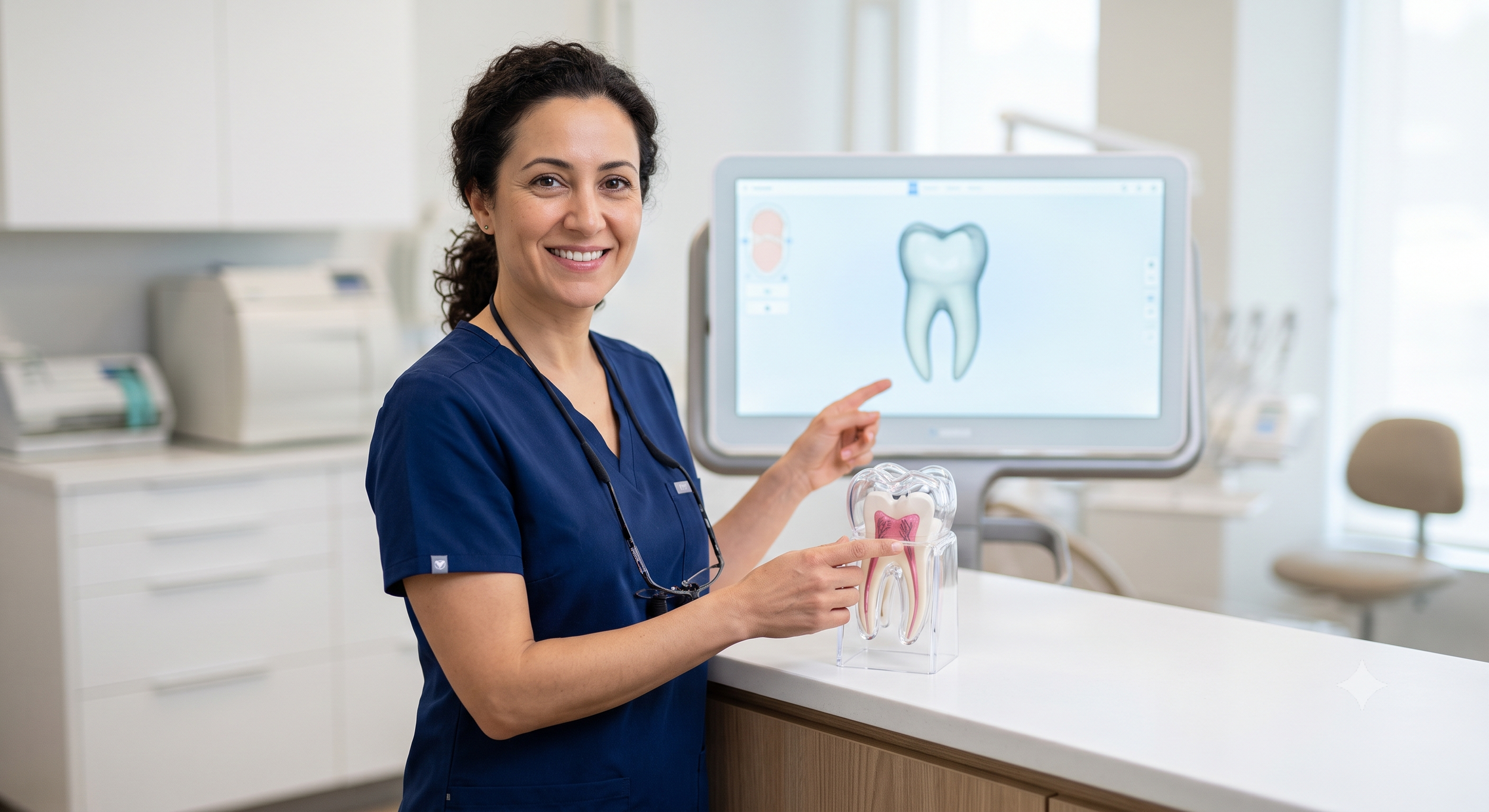 Dentist smiling and pointing at a model of a tooth, with dental diagrams on a computer screen in the background.