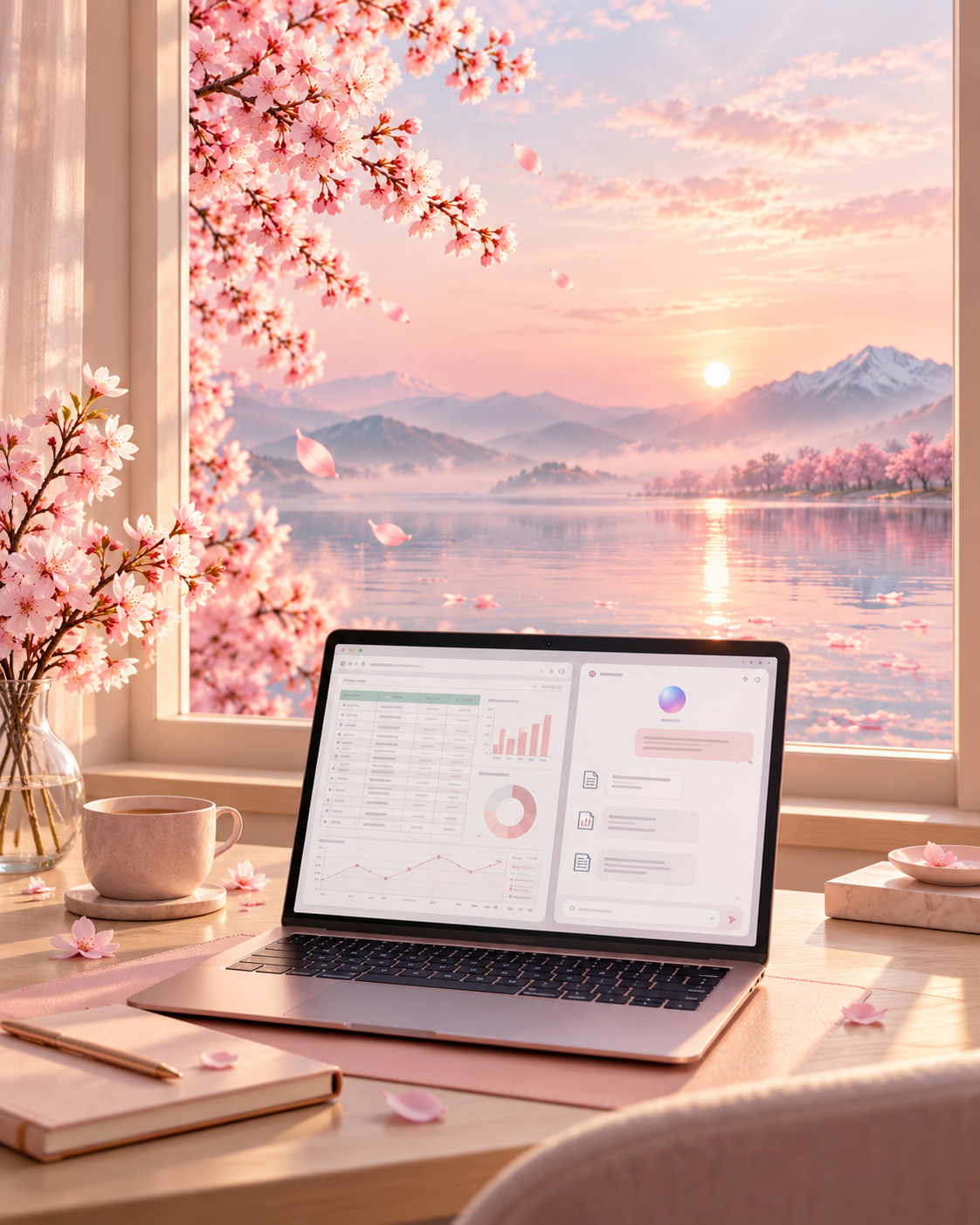 A workspace with a laptop displaying charts and graphs, a pink mug, a notebook with a pen, and a vase of pink cherry blossoms on a desk by a large window with a view of cherry blossoms, mountains, and a lake during sunset.