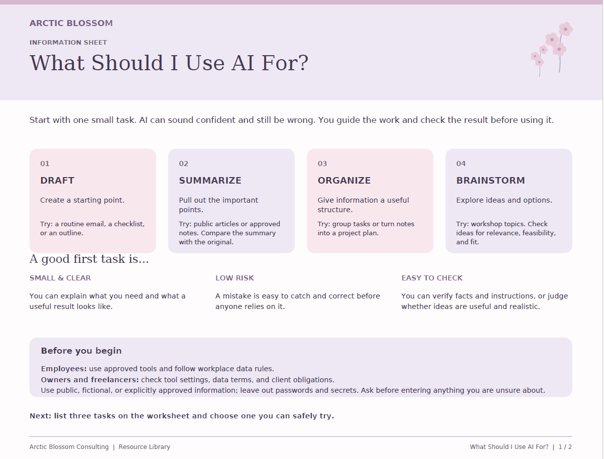 What Should I Use AI For?

Disclaimer: AI created the draft—but is it ready to use? This two-page information sheet and review worksheet walks you through six checks: accuracy, completeness, tone, privacy, links and formulas, and required approval o