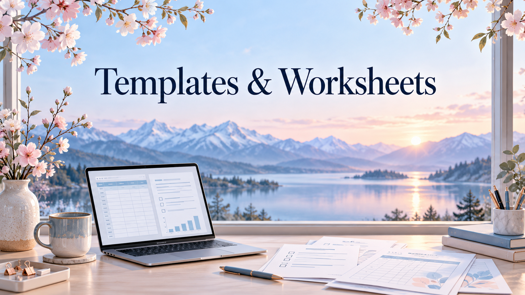 A workspace with a laptop displaying charts and spreadsheets, papers with data, a pen, a mug, a vase with pink flowers, books, and a container with pens, set in front of a large window showing snow-capped mountains, a lake, and a setting sun.