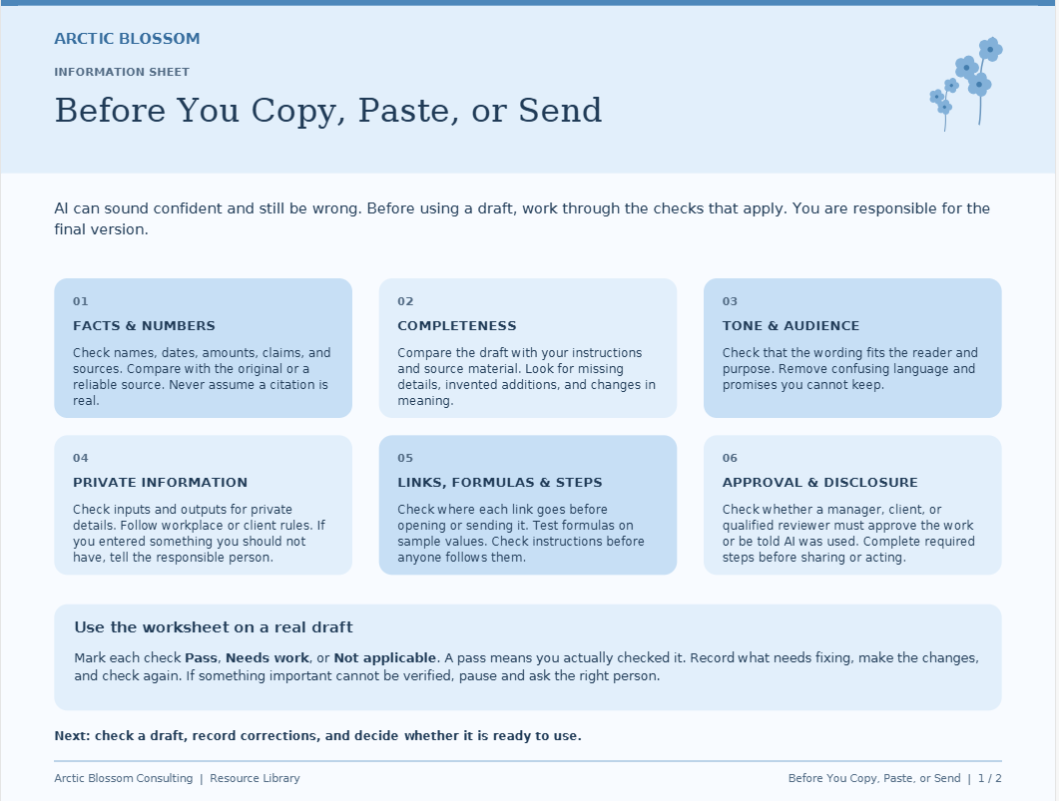 Before You Copy, Paste, or Send

AI created the draft—but is it ready to use? This two-page information sheet and review worksheet walks you through six checks: accuracy, completeness, tone, privacy, links and formulas, and required approval or discl