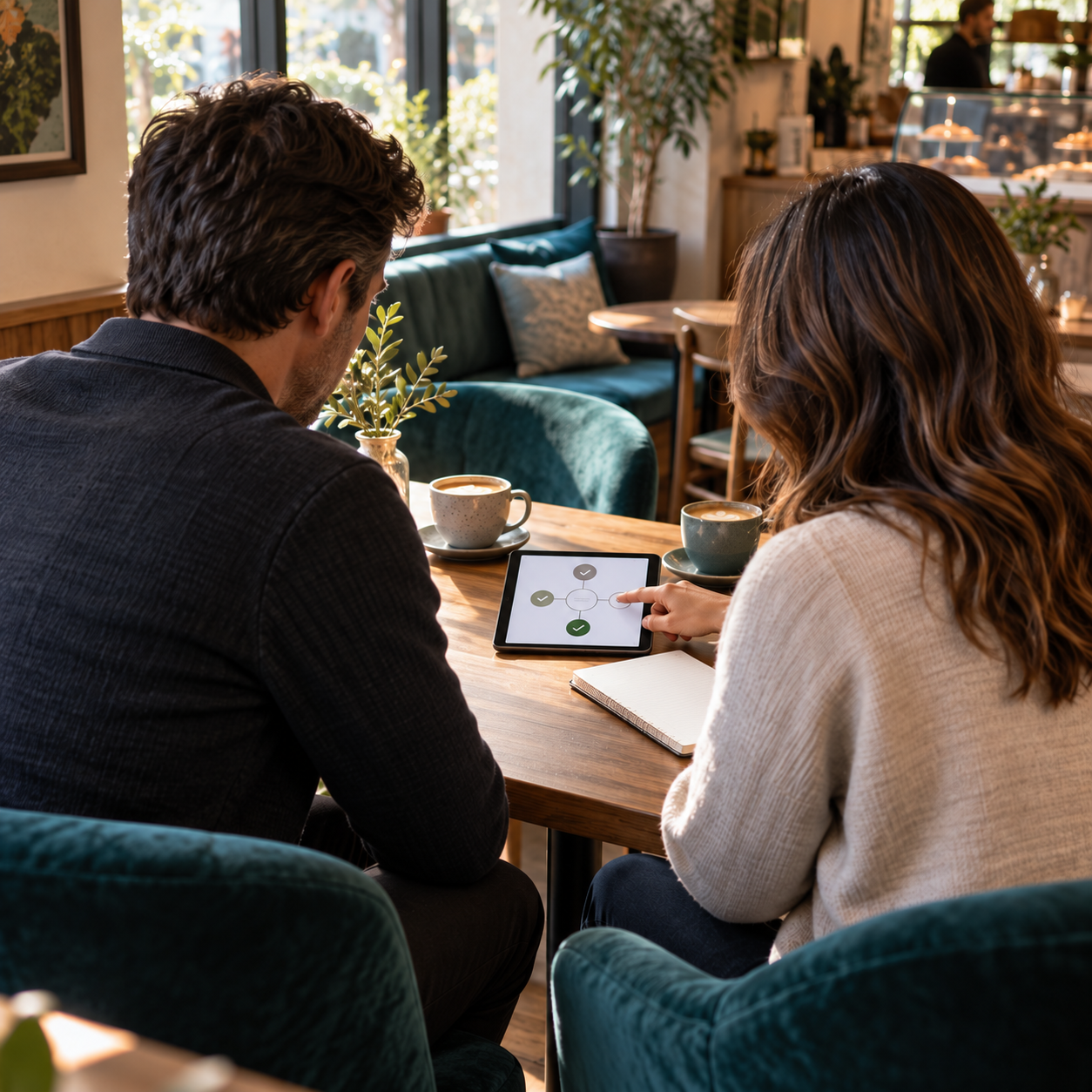 A man and woman sitting at a wooden table in a cafe, looking at a tablet with a flowchart on it. They have cups of coffee and a notebook. The cafe has large windows, plants, and comfy chairs.