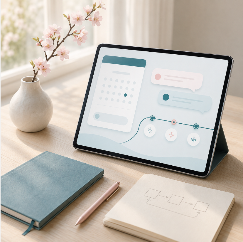 A tablet displaying a digital calendar, charts, and chat bubbles on a wooden desk next to a closed notebook, a pen, a notepad with handwritten diagrams, and a white vase with pink flowers, with sunlight coming through a window.
