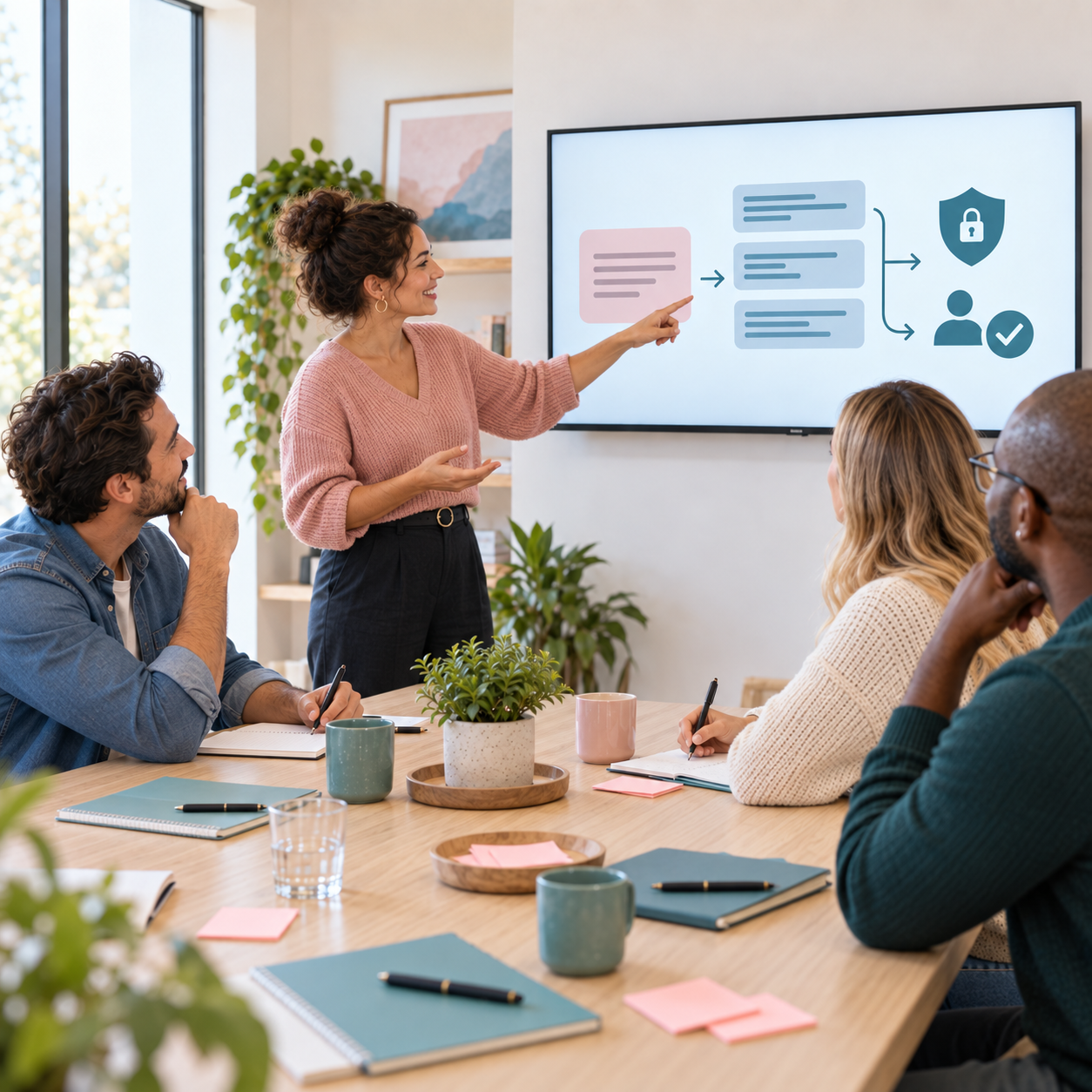 A woman in a pink sweater is giving a presentation to a group of four people sitting around a conference table with notebooks, pens, and mugs. The presentation screen shows a flowchart with icons related to security and user approval.