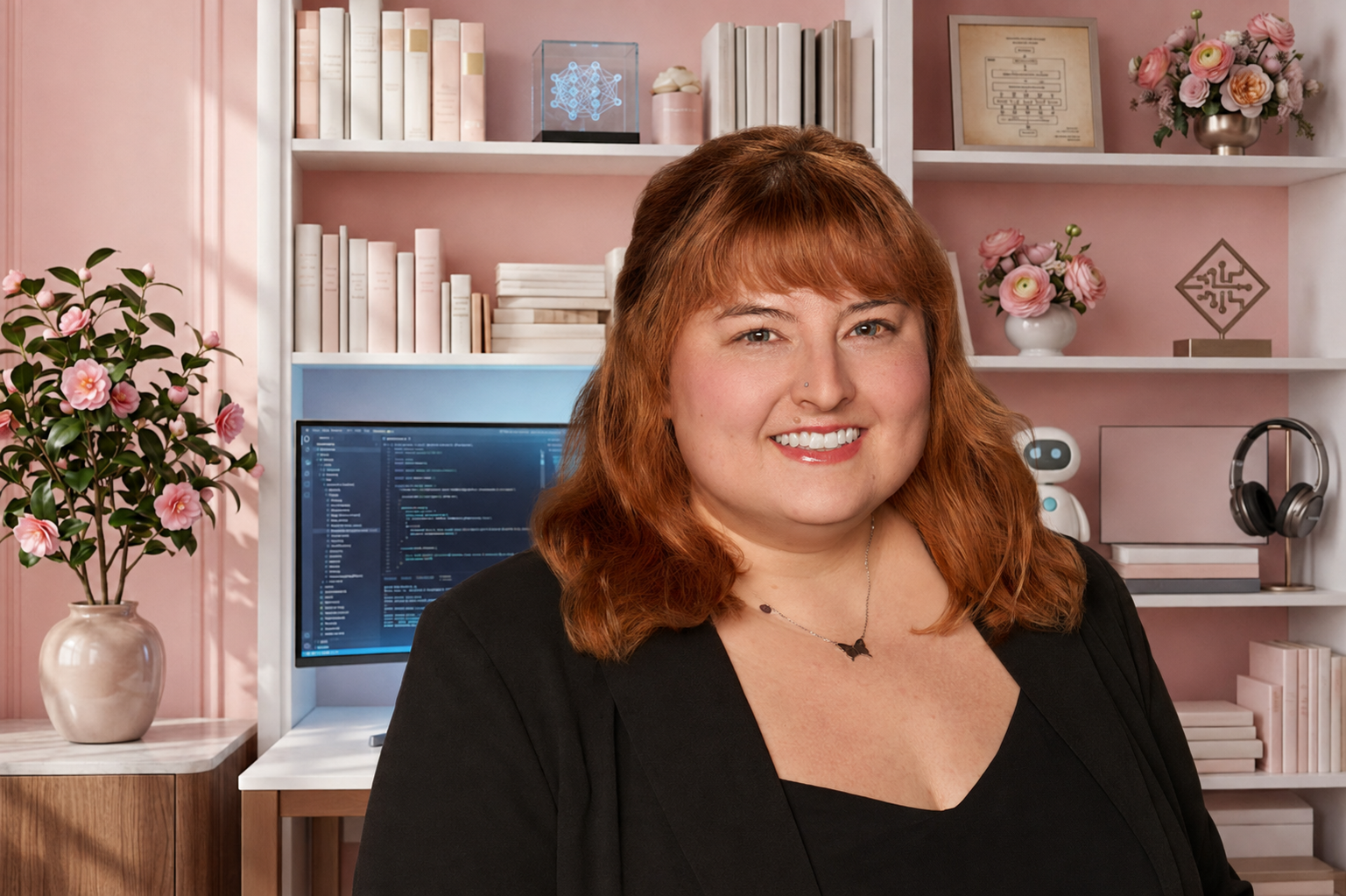 A woman smiling in an office with pink walls, white bookshelves, a computer monitor, a potted plant with pink flowers, and decorative items.