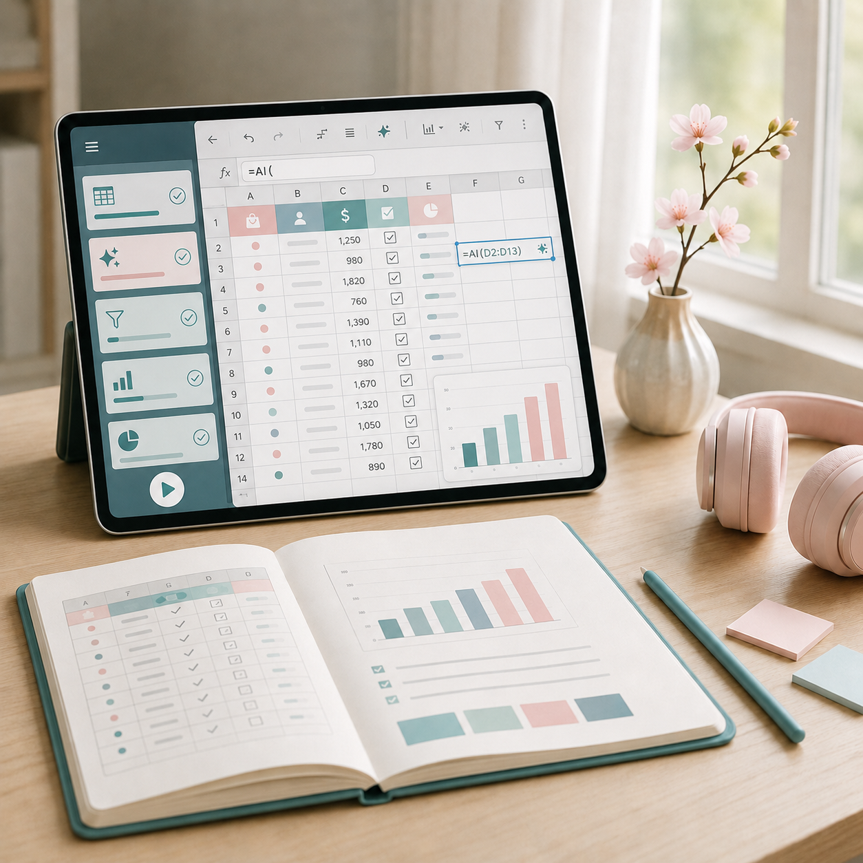 A tablet displaying a spreadsheet with data and charts, placed on a wooden desk with an open notebook showing similar charts and data, a pen, pink headphones, and pink flowers in a white vase in the background.