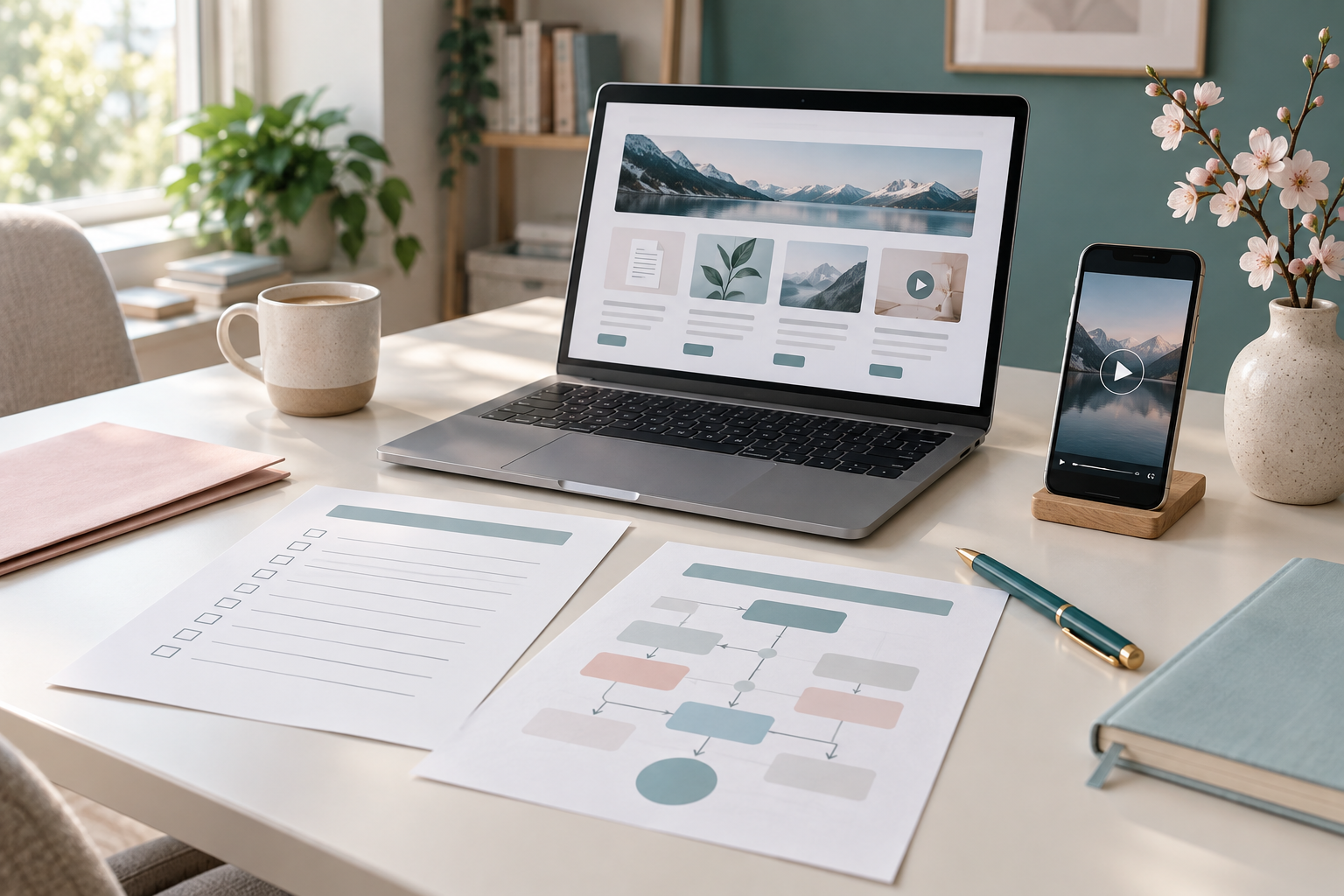 A desk with a laptop displaying a mountain landscape, a smartphone on a stand showing a video, a mug of coffee, notebooks, a pen, and papers with diagrams, in a bright room with natural light and a plant by the window.