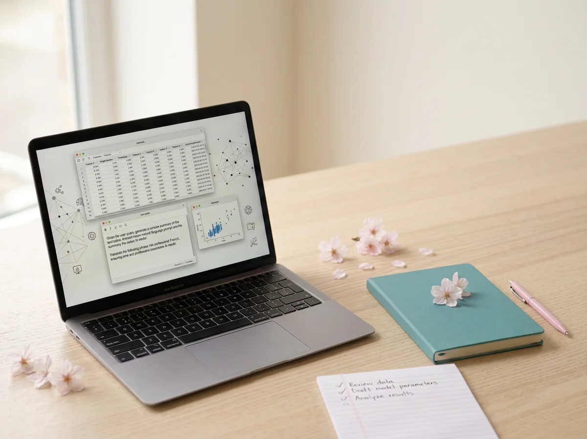 Open laptop on a wooden desk with a spreadsheet, a small window with a blurred view outside, pink flowers scattered on the desk, a closed teal notebook with flowers on top, a pink pen, and a handwritten to-do list.