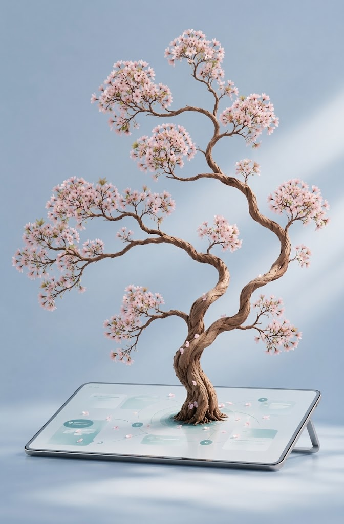 A digital tablet displaying a diagram of a cherry blossom tree with pink flowers, which appears to be a 3D model emerging from the screen.