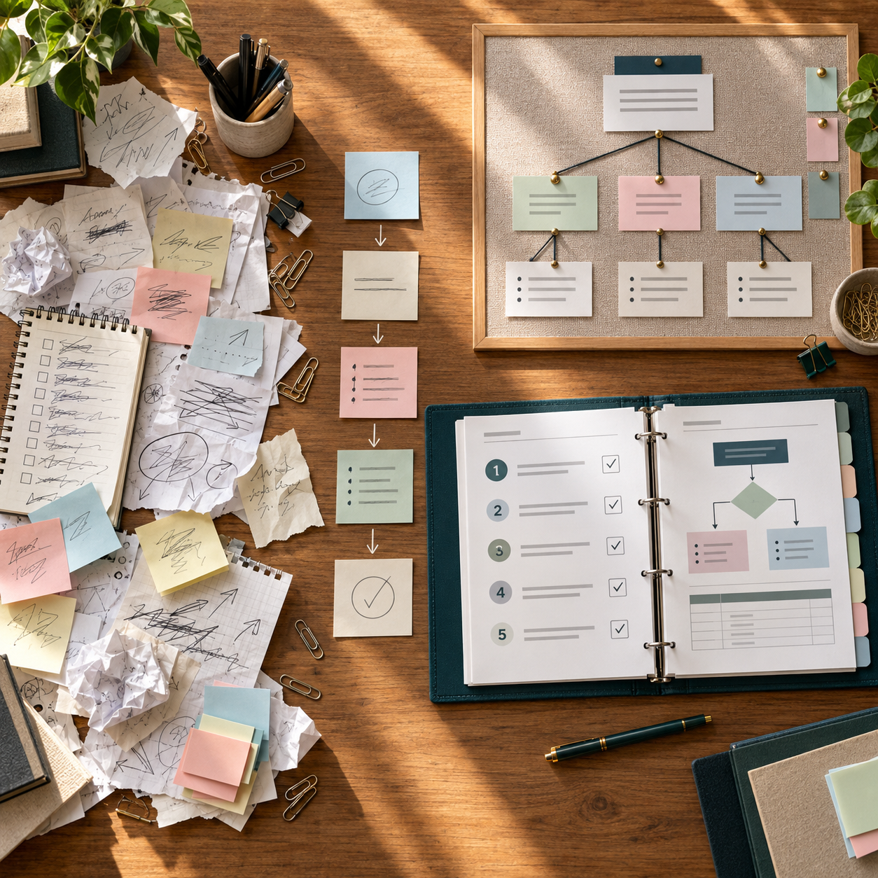A cluttered wooden desk with torn paper, sticky notes, paper clips, and a planner filled with checklists, alongside flowcharts and organizational diagrams made with paper and sticky notes, and a potted plant in the background.