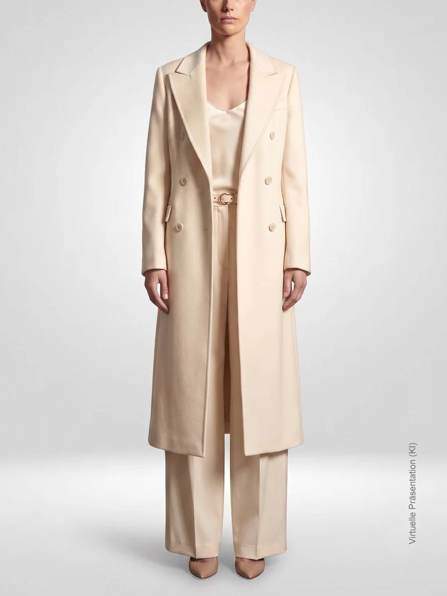 Cremefarbener zweireihiger Maßmantel und weite Maßhose aus feinem Wollgewebe für Damen, Atelier Burcu Essen Werden