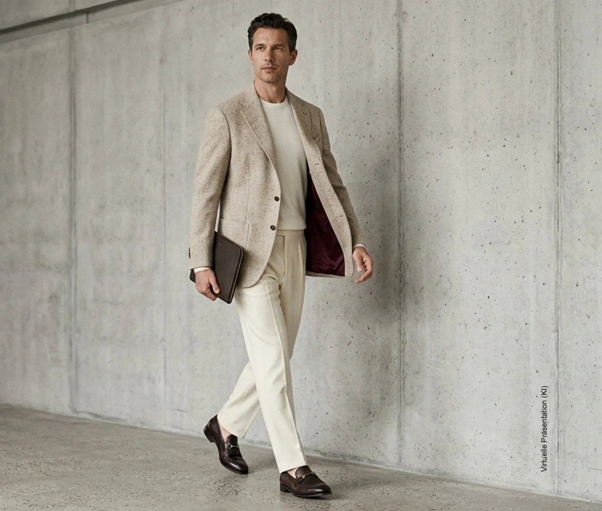 Stilvoller Gentleman in maßgeschneidertem Sakko, heller Hose und Lederschuhen als Repräsentant für das Wardrobe System im Atelier Burcu in Essen-Werden.