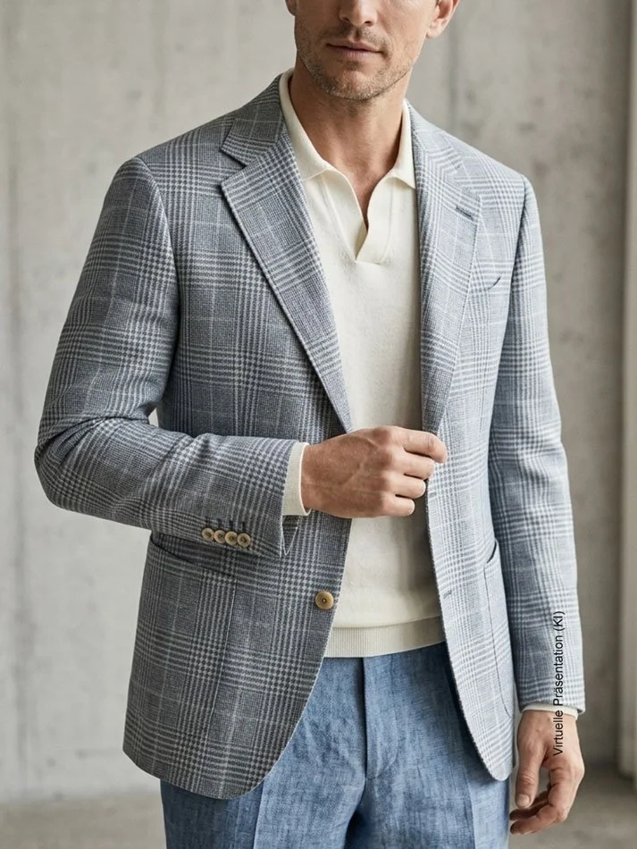 Gentleman in einem maßgeschneiderten Karo-Maßsakko kombiniert mit einem hellen Polo-Shirt als Teil der Iconic Odd-Jacket Kollektion im Atelier Burcu in Essen-Werden.
