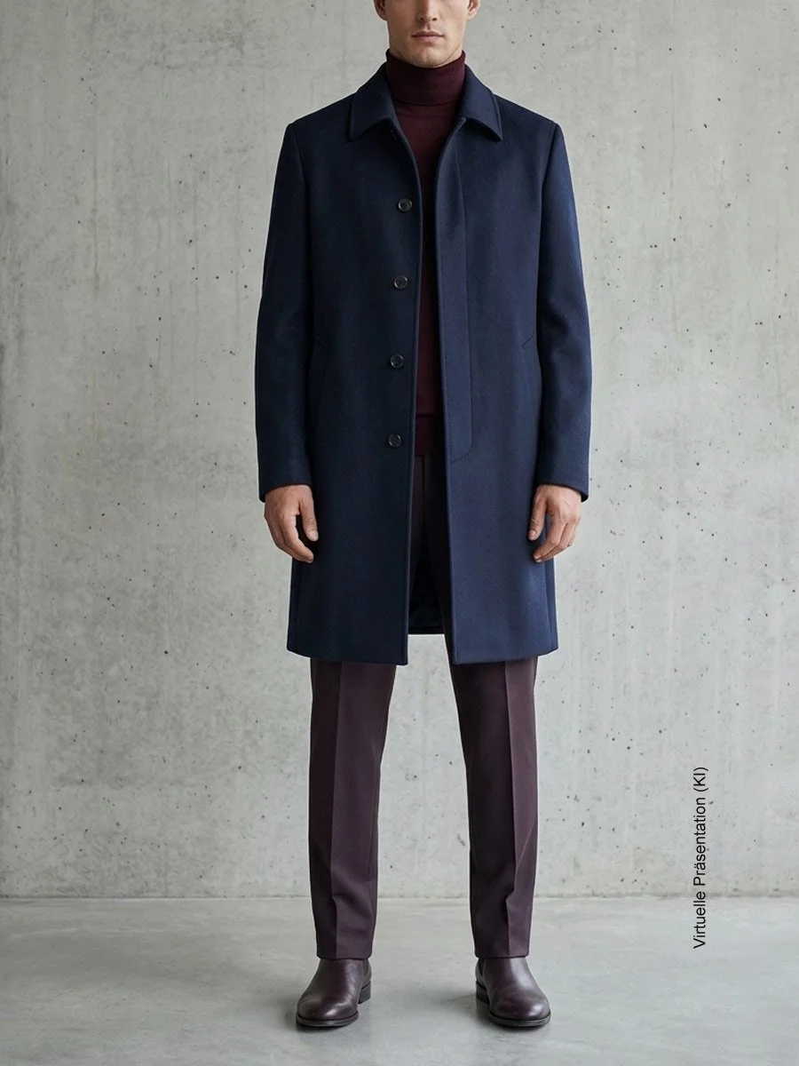 Gentleman in einem maßgeschneiderten dunkelblauen Mantel über dunkler Hose und Rollkragenpullover als Teil der Outerwear Architecture im Atelier Burcu in Essen-Werden.