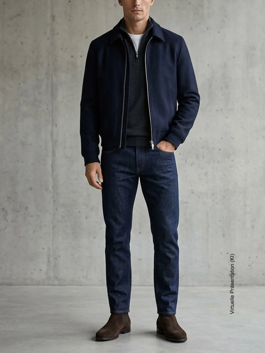 Gentleman in einer maßgefertigten Bluejeans aus dem Denim Lab mit dunkelblauer Jacke und braunen Boots im Atelier Burcu in Essen-Werden.