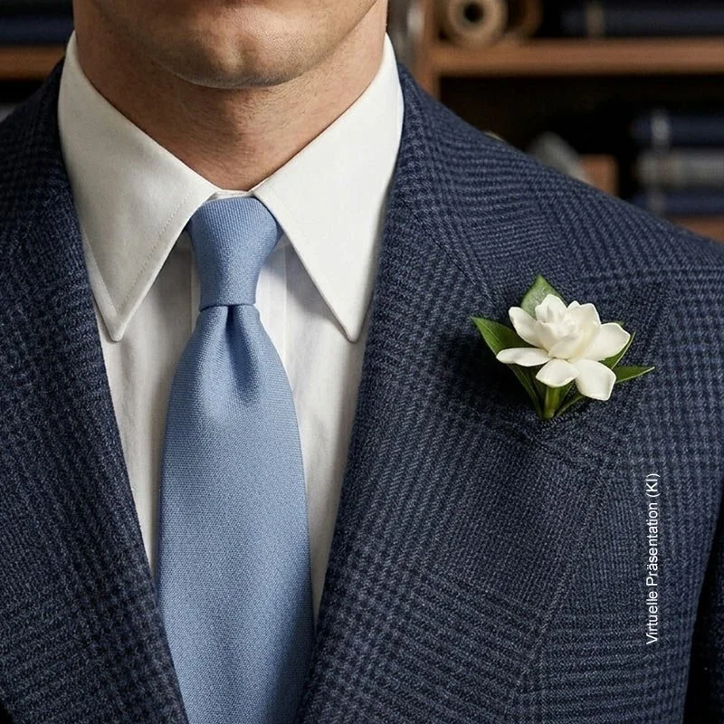 Handgestochenes Revers-Knopfloch für Blumenstecker an einem Bräutigam-Maßanzug.