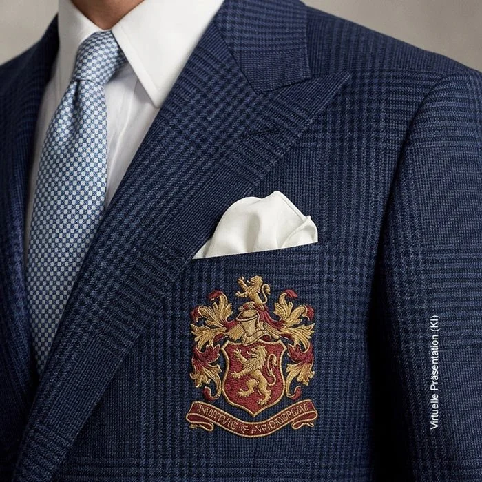 Personalisierte Familien- oder Clubwappen auf der Brusttasche deines Blazers oder eines Maßanzugs von Atelier burcu in Essen-Werden.