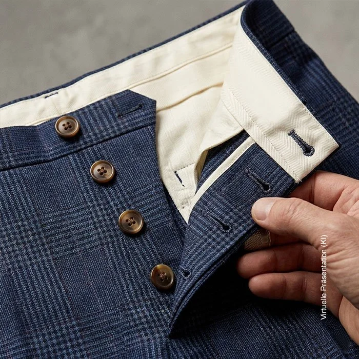 Klassische Knopfleiste (Button Fly) am Hosenschlitz einer Herren-Maßhose aus dem Atelier Burcu.