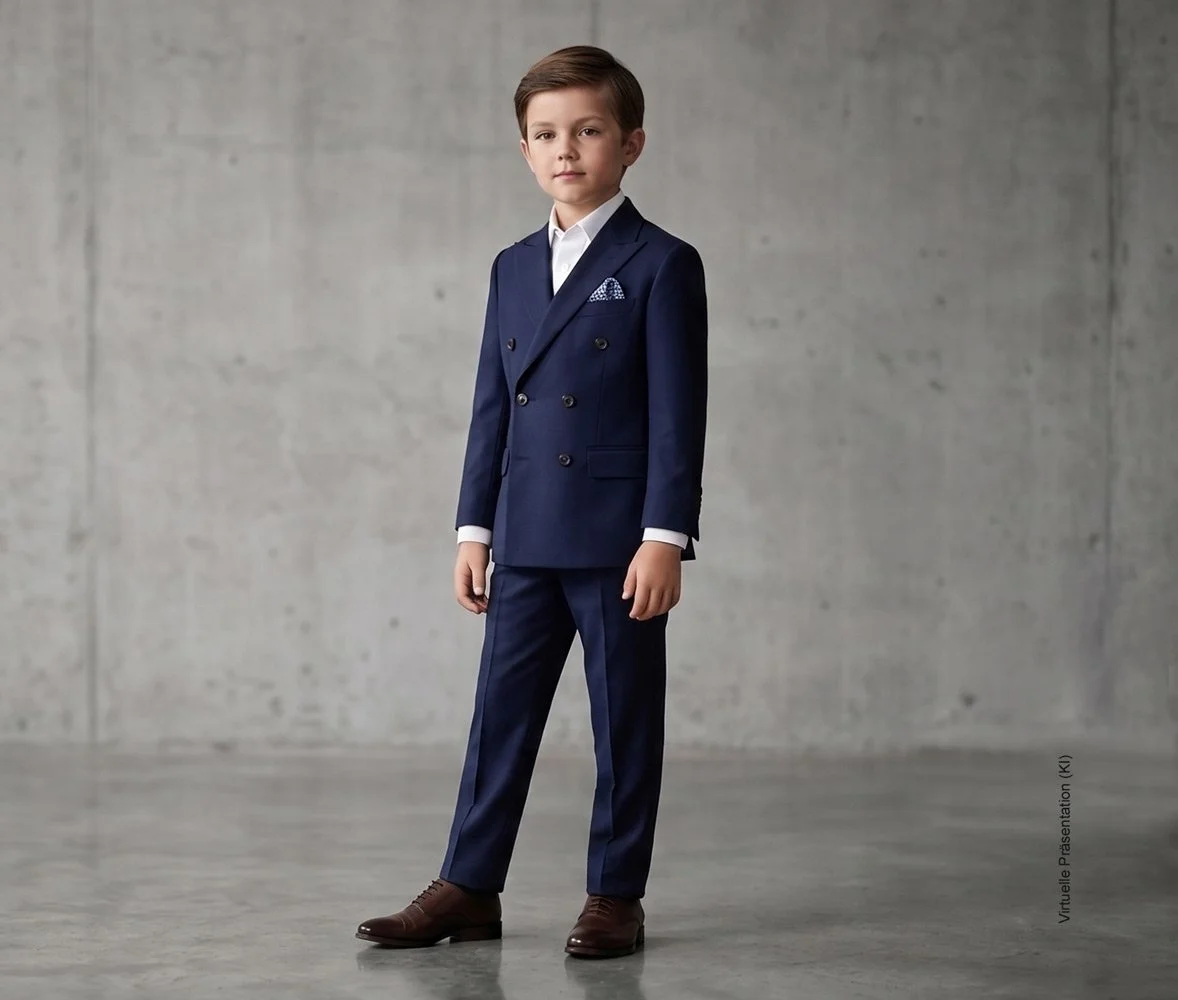 Junger Junge im weißen Maßhemd und eleganten marineblauen zweireihigen Maßanzug nach Maß für besondere Anlässe, Atelier Burcu in Essen-Werden.