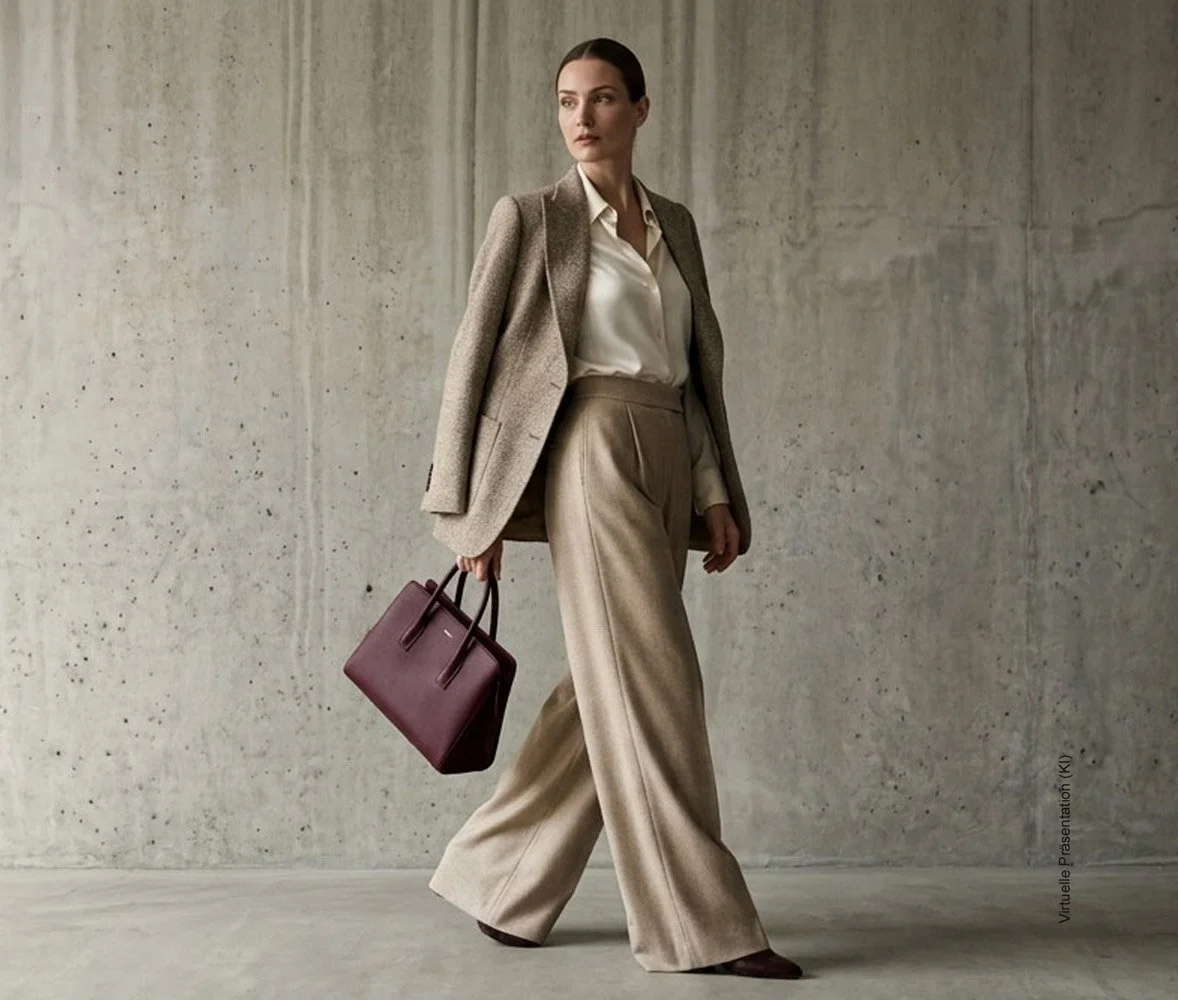 Elegante Frau im maßgeschneiderten Hosenanzug und Blazer mit edler Handtasche als Repräsentantin für Female Executives im Atelier Burcu in Essen-Werden.