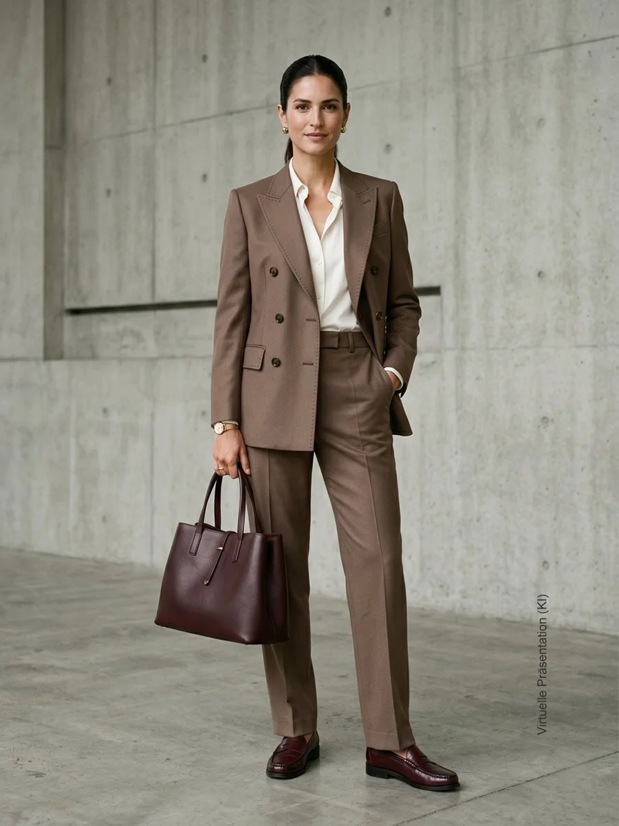 Elegante Frau im maßgeschneiderten, braunen Hosenanzug mit zweireihigem Blazer, heller Bluse und Handtasche im Atelier Burcu in Essen-Werden.