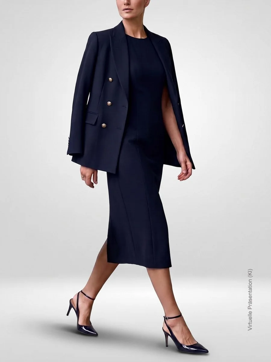 Maßgeschneidertes Damen Dress-Set aus knielangem Marineblau-Etuikleid und perfekt abgestimmtem Maßblazer von Atelier Burcu in Essen-Werden.