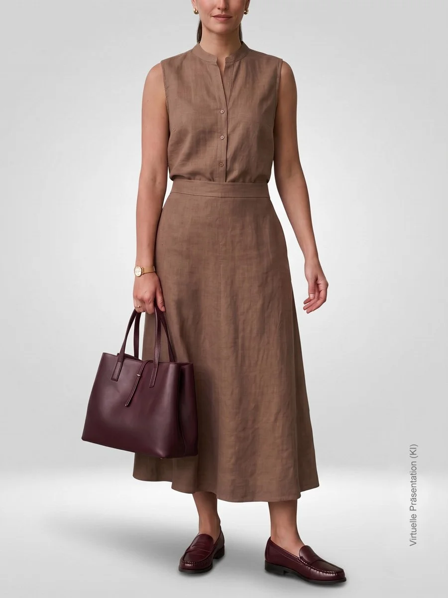 Ärmellose Damen-Leinenbluse nach Maß mit Nehru-Kragen in Mokka-Brauntönen, kombiniert mit passendem Maßrock und Handtasche im Atelier Burcu in Essen-Werden.