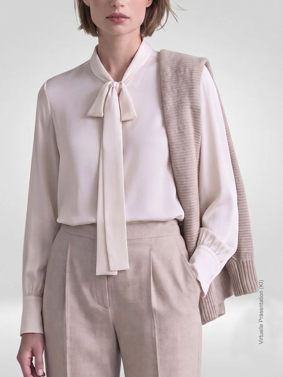 Schluppenbluse nach Maß aus fließendem Crêpe de Chine in Cremeweiß im Classic-Fit mit passender Hose und Schulter-Pullover im Atelier Burcu in Essen-Werden. 
