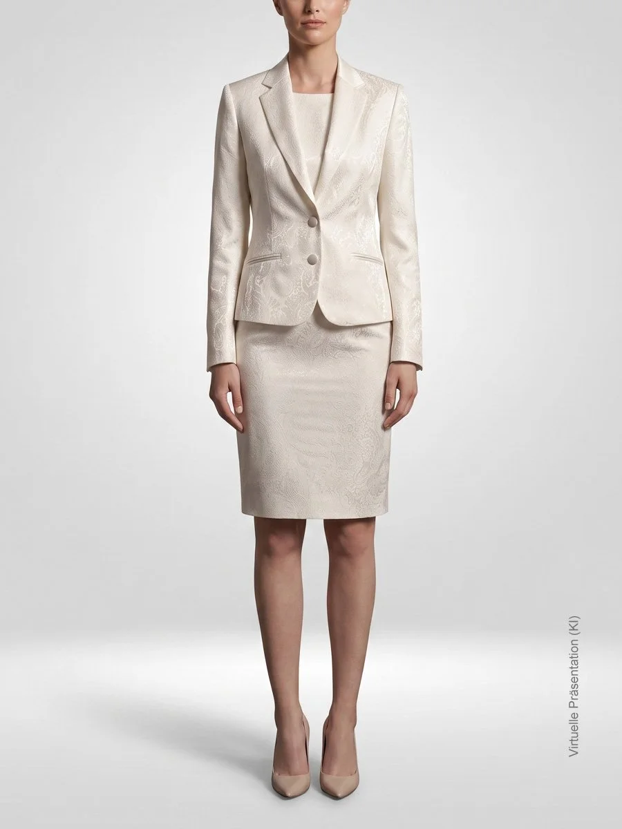 Cremefarbenes Hochzeits-Dress-Set nach Maß aus Edeljacquard mit knielangem Etuikleid und kurzem Blazer, Atelier Burcu in Essen-Werden. 