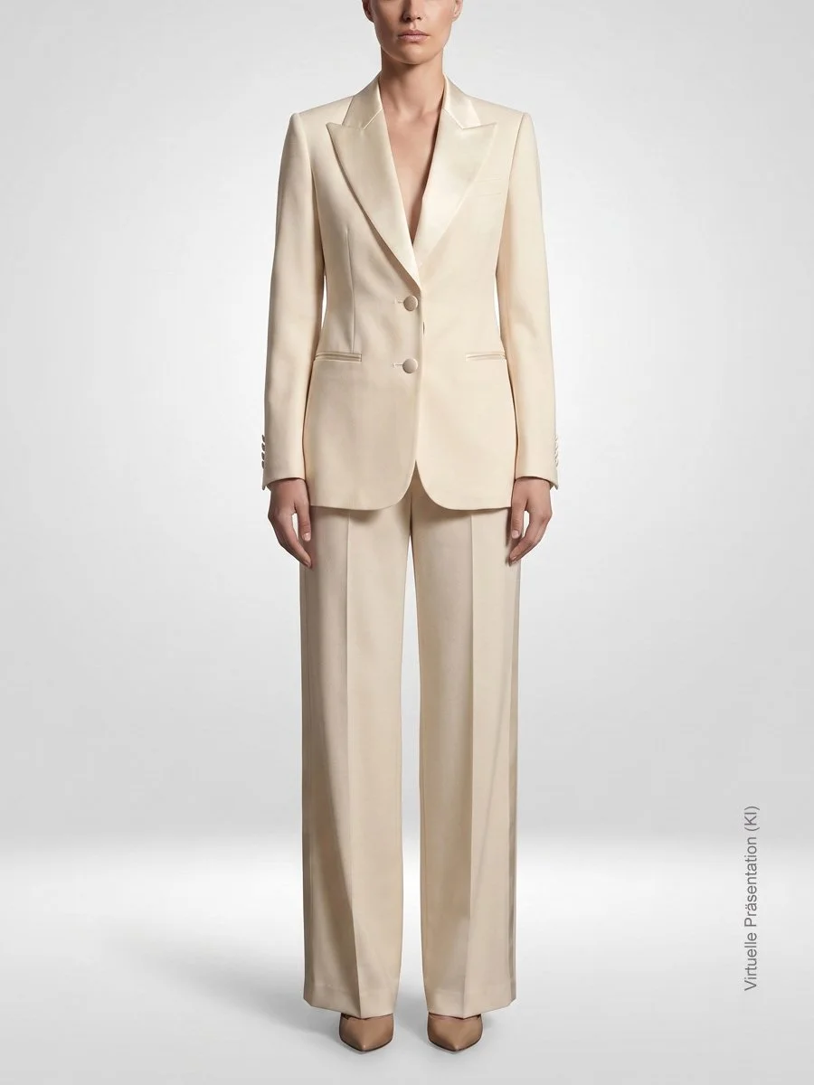 Cremefarbener Damen Smoking/Tuxedo nach Maß aus Wolle-Stretch mit glänzendem Seidenrevers, Atelier Burcu in Essen-Werden. 