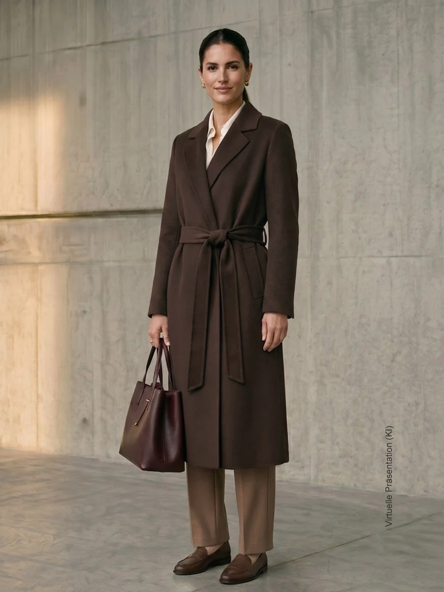 Elegante Frau in einem maßgeschneiderten braunen Mantel mit Bindegürtel und Handtasche als Teil der Heritage Coat Kollektion im Atelier Burcu in Essen-Werden.